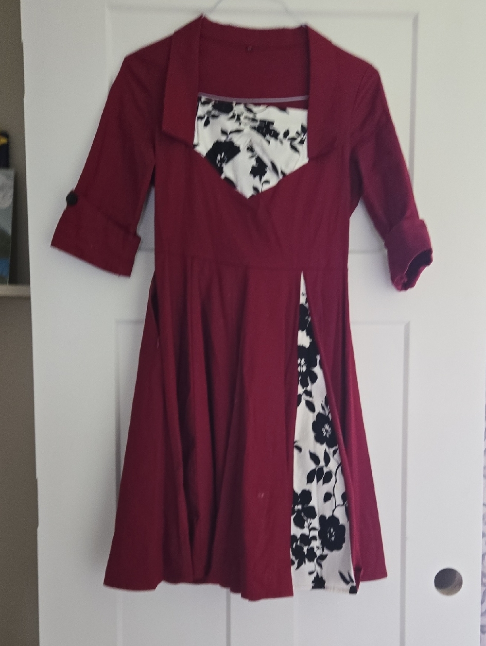 Amazon Girls' Burgundy Fit-and-Flare Dress with Black & White Floral Insets